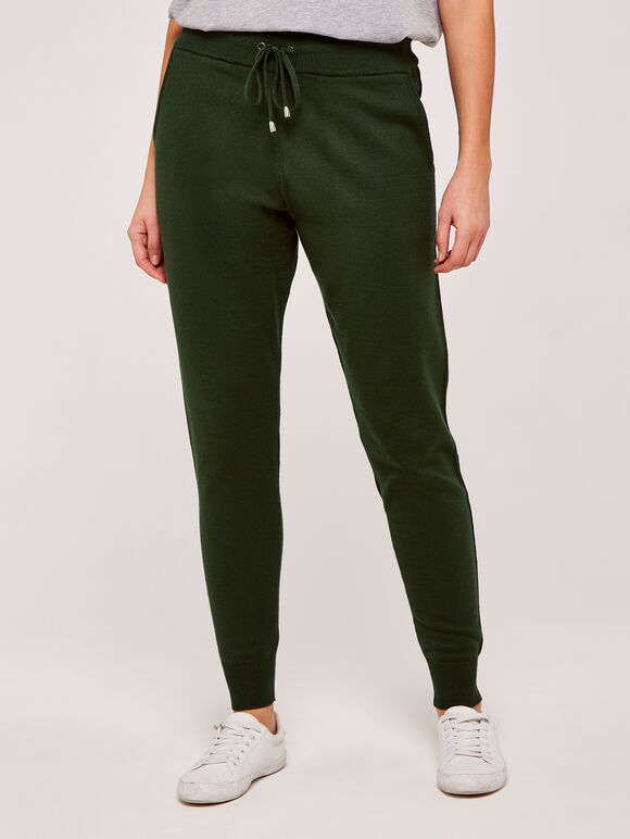 Drawstring Knitted Joggers, Green, large
