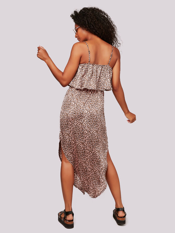 Leopard Midi Satin Crepe Dress, Pink, large
