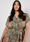 Tropical Leaf Print Smocked Mini Dress, Khaki, large