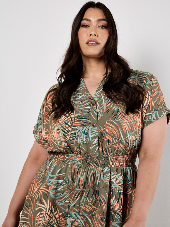Tropical Leaf Print Smocked Mini Dress, Khaki, large