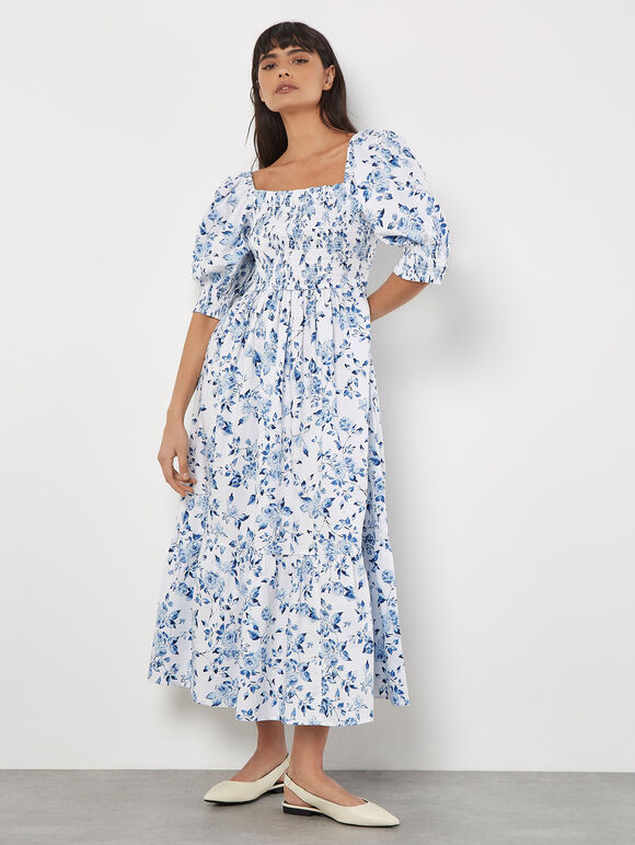 Rose Cotton Milkmaid Midaxi Dress, Blue, large
