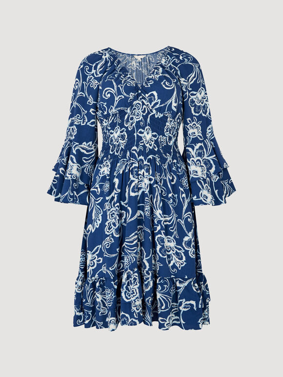 Sarasa Floral Smocked Ruffle Mini Dress, Blue, large