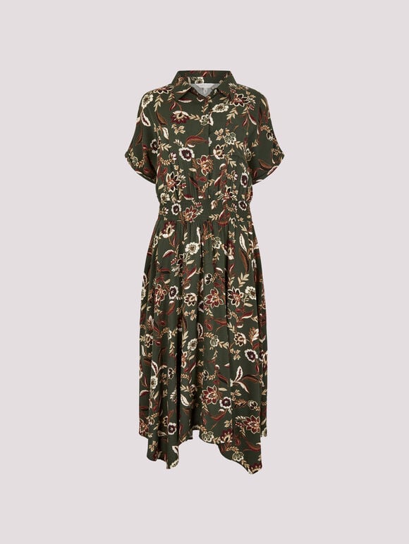 Sarasa Floral Shirt Midi Dress, Khaki, large