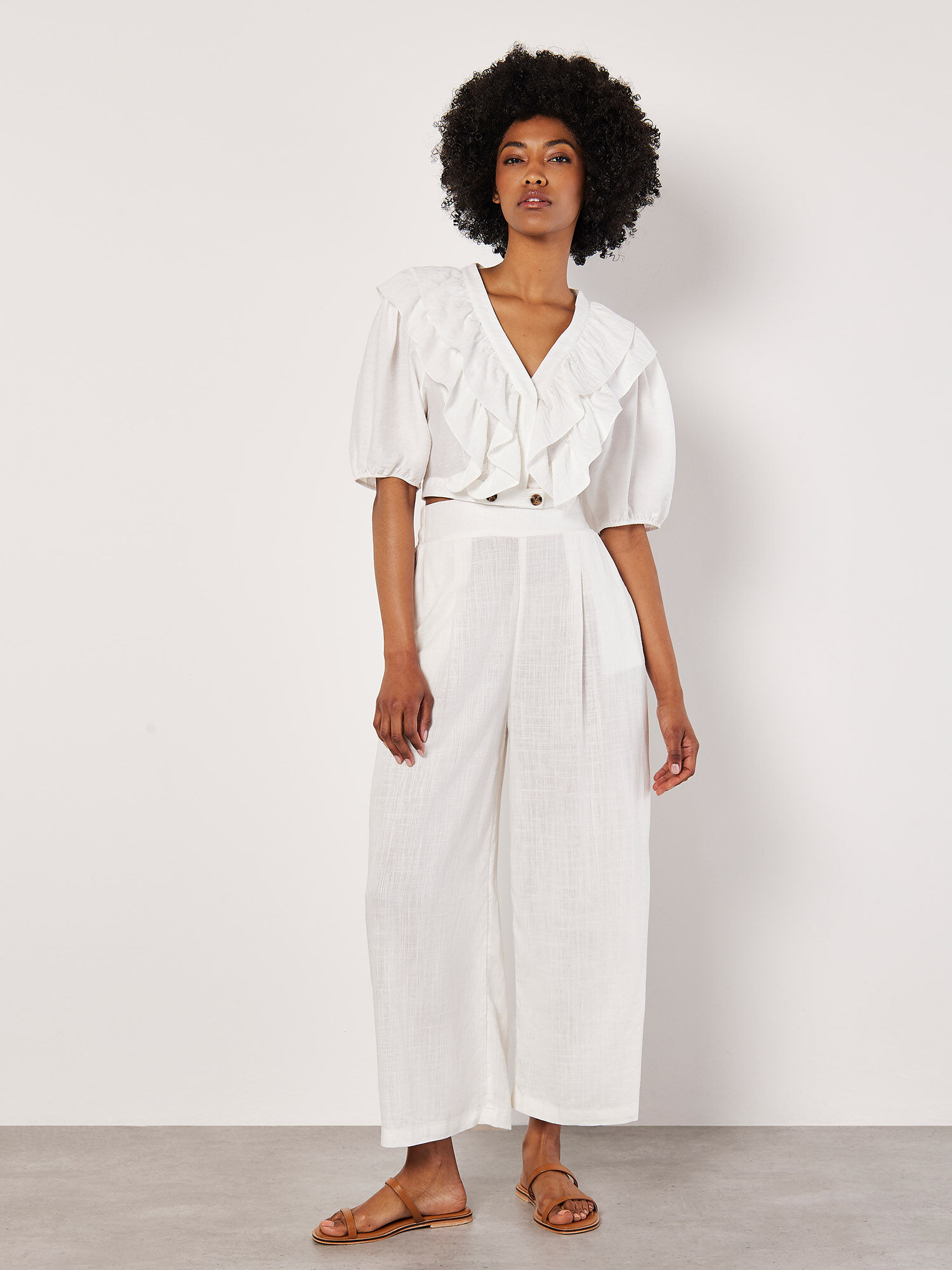 Linen Blend Cropped Palazzo Trousers Apricot Clothing