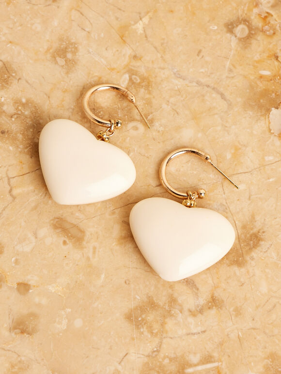 Gold Tone Heart Hoop Earrings, White, large