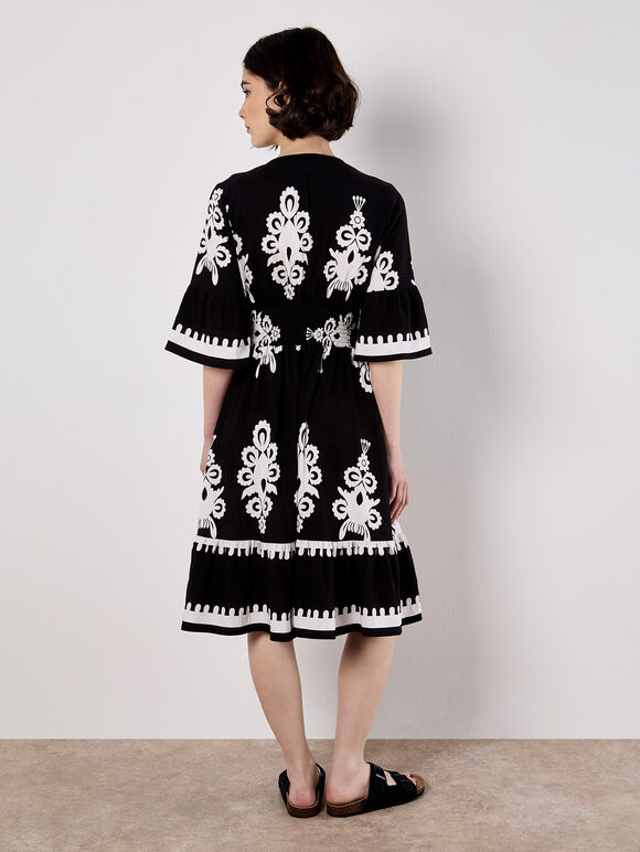 Floral Baroque Smocked Mini Dress, Black, large