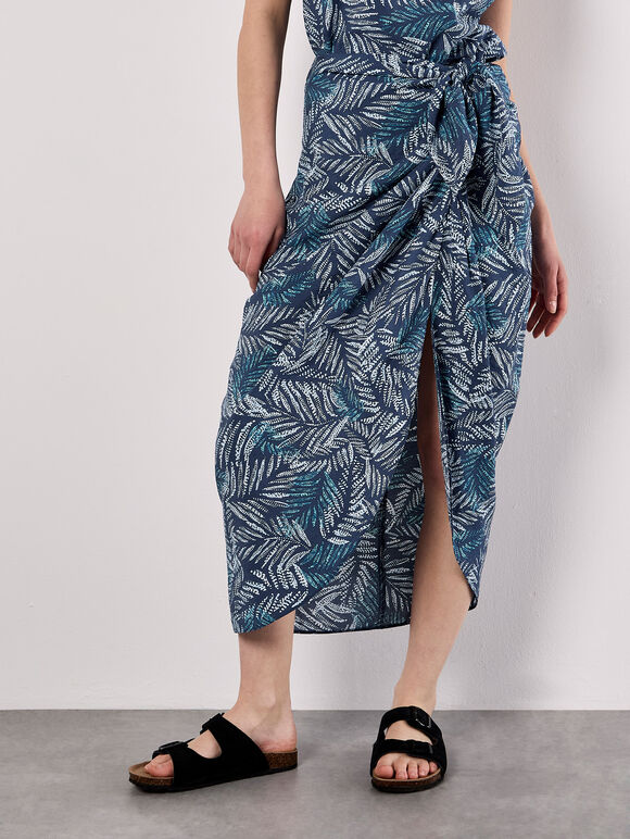 Batik Leaf Wrap Midi Skirt, Blue, large