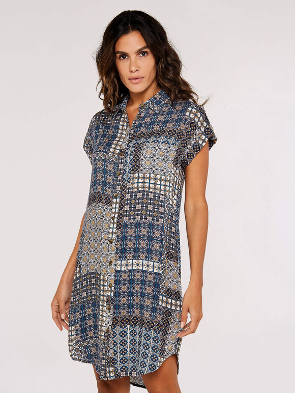 Patchwork Shirt Mini Dress, Navy, large