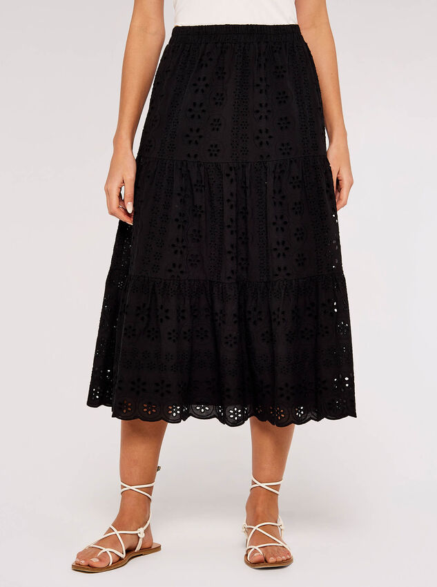 Broderie Anglaise Midi Skirt, Black, large