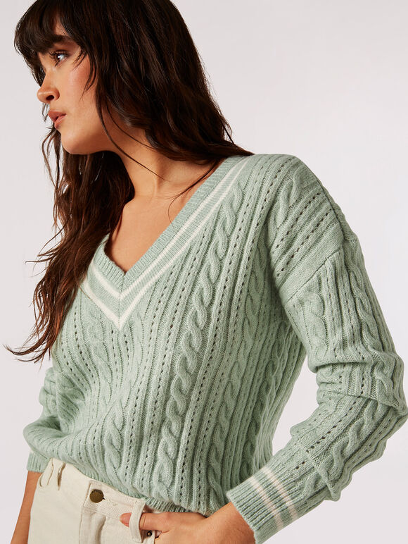 Cable Knit Cricket Jumper, Mint, large