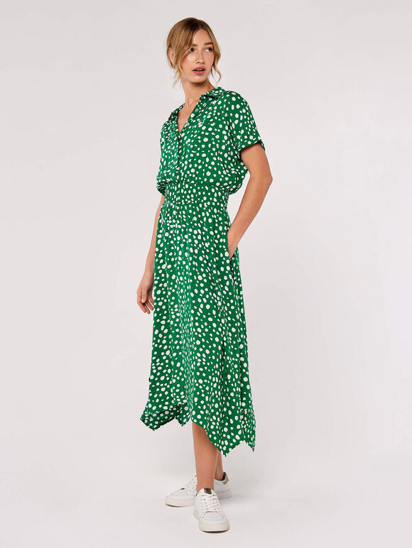 Painterly Dot Smocked Midi Dress, Green, large