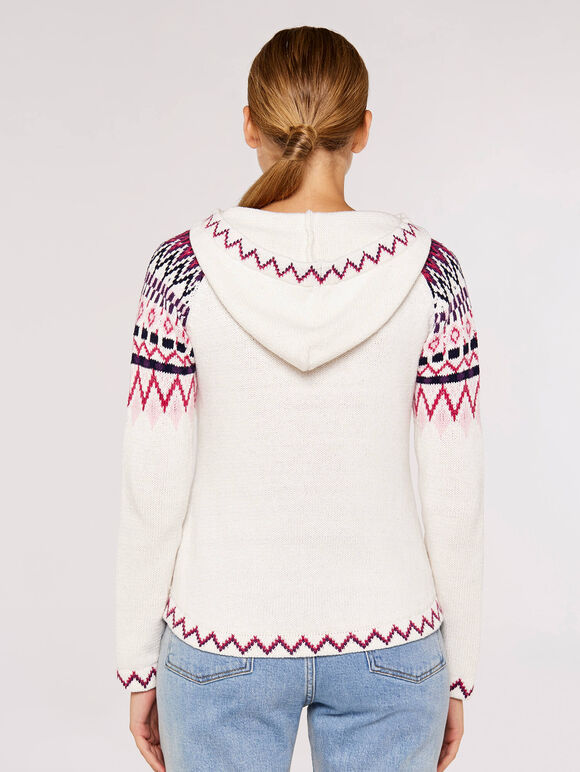 Fairisle Pocket Hoodie Jumper, Cream, large