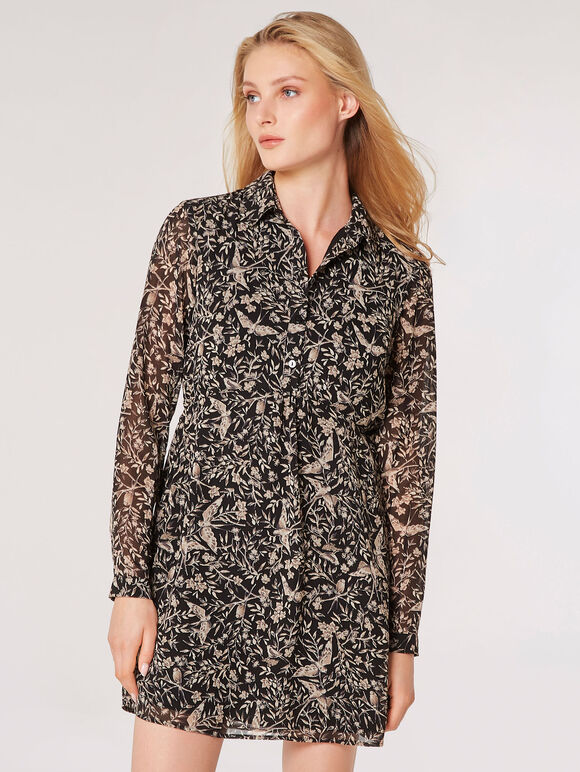 Illustrated Birds Empire Dress, Black, large