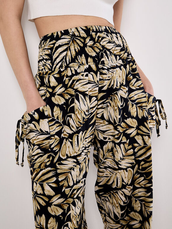 Tropical Leaf Print Tapered Joggers, Navy, large