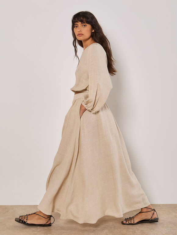 Linen Pleated Midi Skirt, Stone, large