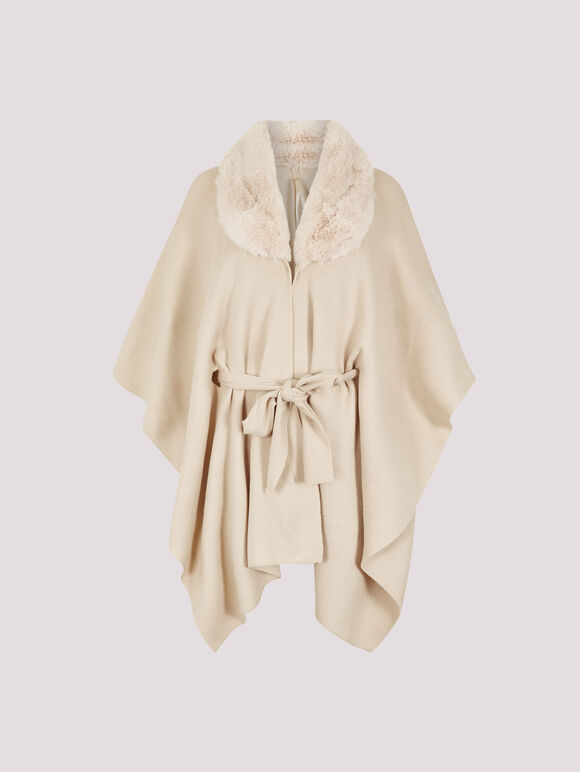 Faux Fur Collar Poncho, Stone, large