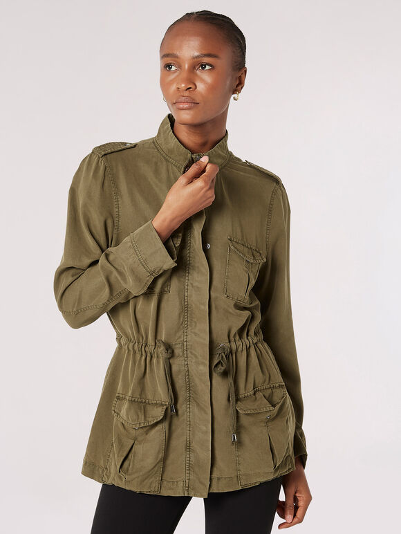 Drawstring Waist Utility Jacket, Green, large