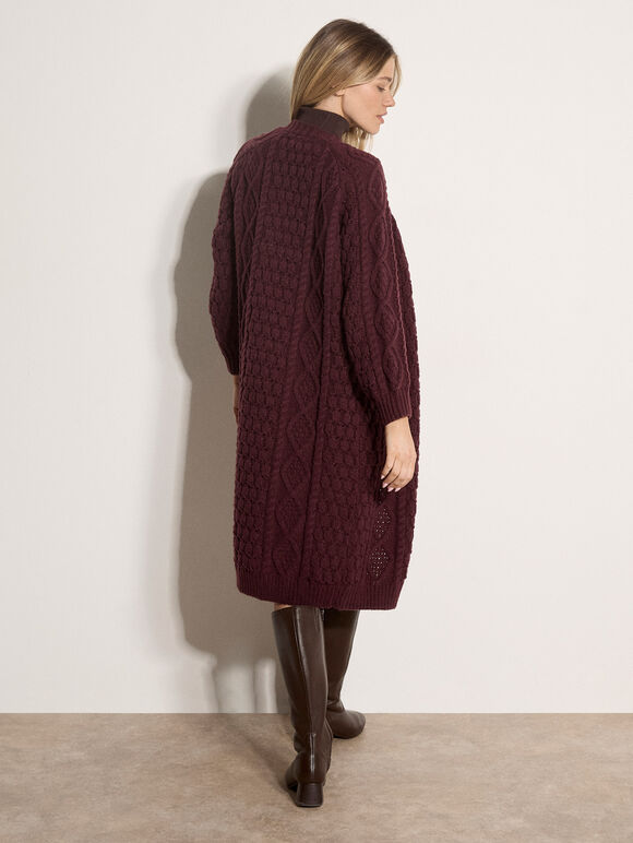 Chunky Cable Knit Longline Cardigan, Plum, large