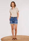 Ruched Denim Rolled Hem Shorts, Blue, large