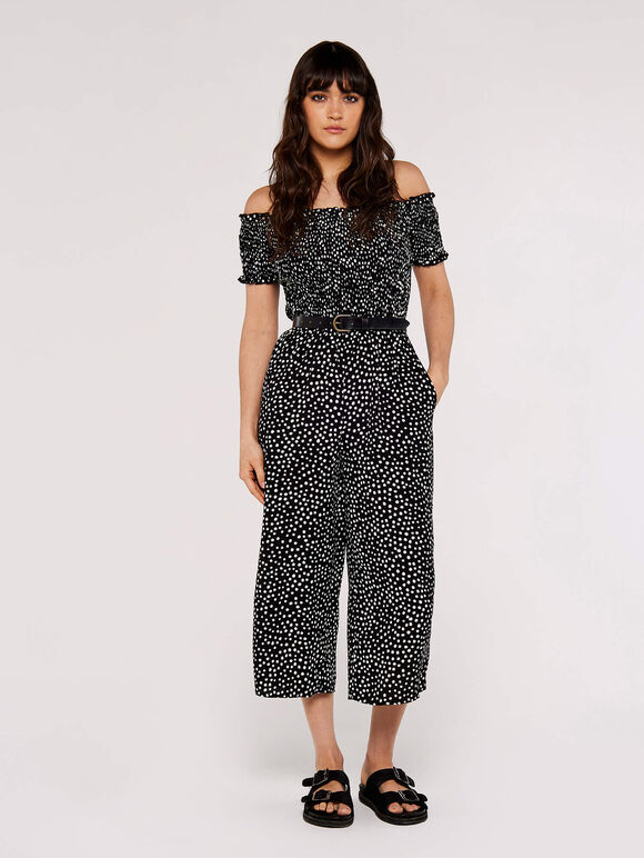 Dots Smocked Bardot Jumpsuit, Black, large