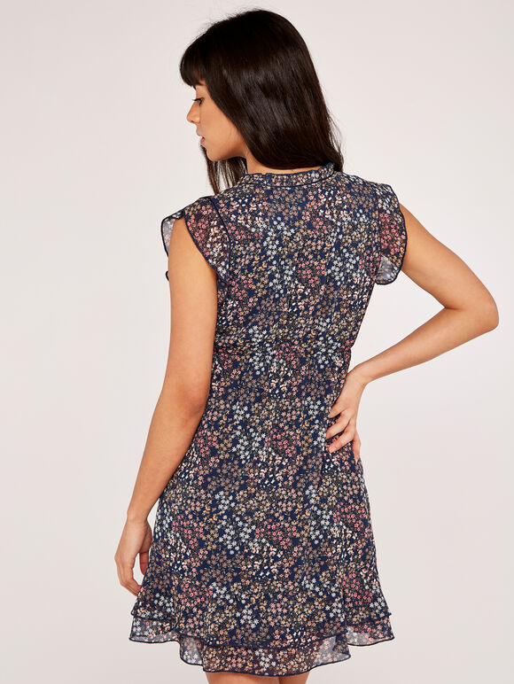 Ditsy Floral Frill Chiffon Dress, Navy, large