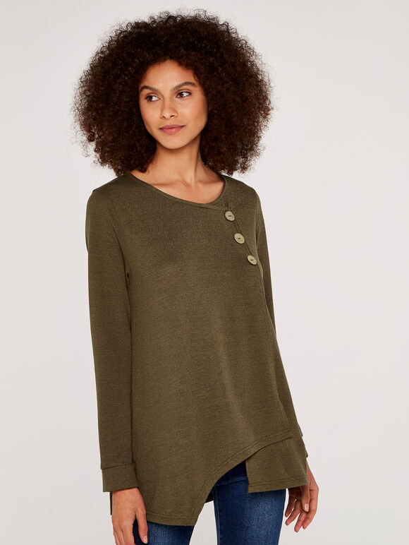 Button Long Sleeve Top, Khaki, large