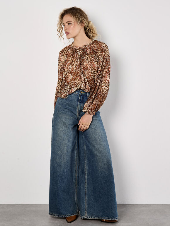 Patchwork Feather Print Chiffon Top, Red, large