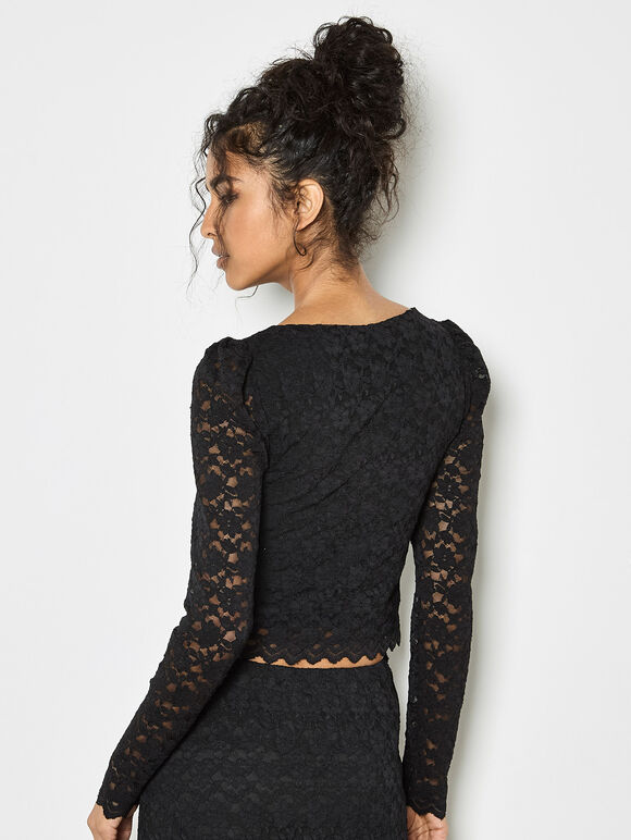 Floral Leaf Lace Midi Skirt, Black, large