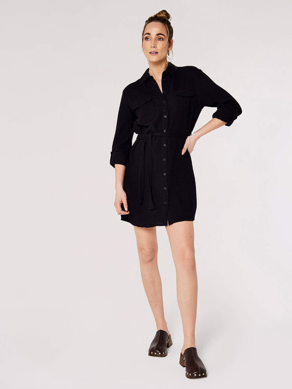 Cotton Shirt Mini Dress, Black, large