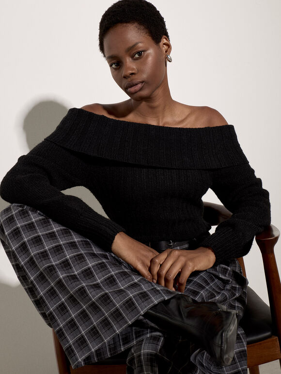 Ribbed Bardot Jumper, Black, large