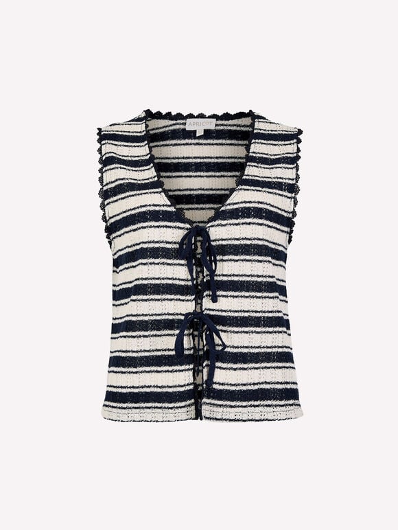 Stripe Cotton Blend Pointelle Knit Waistcoat, Navy, large