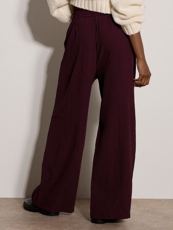 Crinkle-Textured Wide-Leg Joggers, Burgundy, large