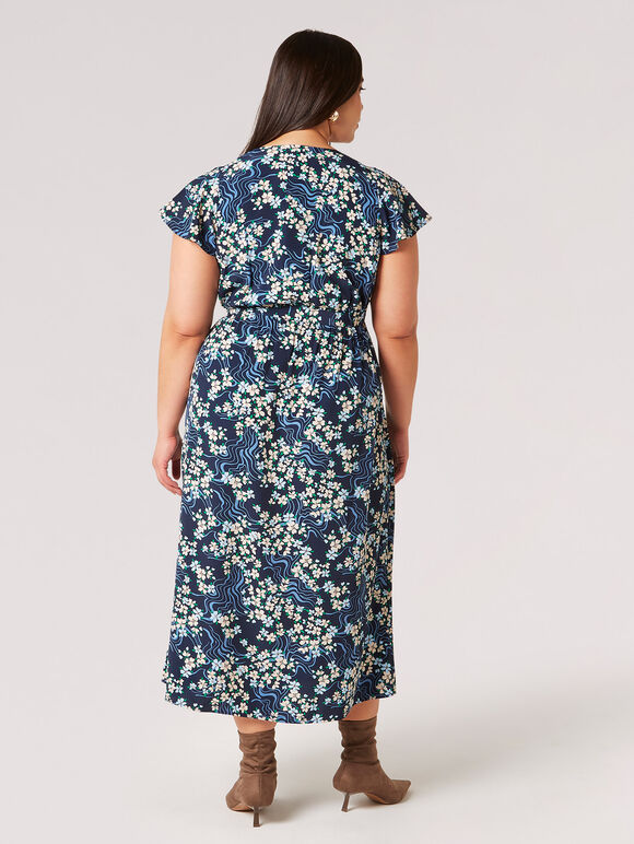 Curve Floral Swirl Wrap Midi Dress, Navy, large