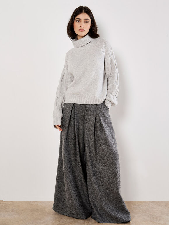 Cable Knit Roll Neck Jumper, Grey, large