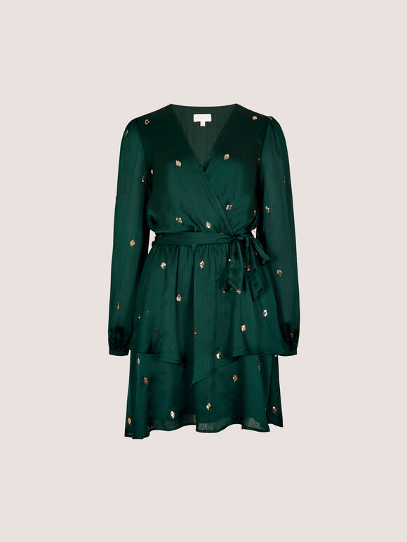 Sequin Spot Satin Wrap Mini Dress, Green, large