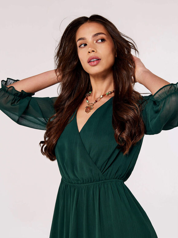 Crinkle Chiffon Wrap Mini Dress, Green, large