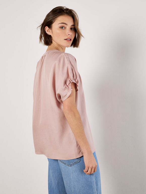 Ruffle Sleeve Woven T-Shirt, Pink, large