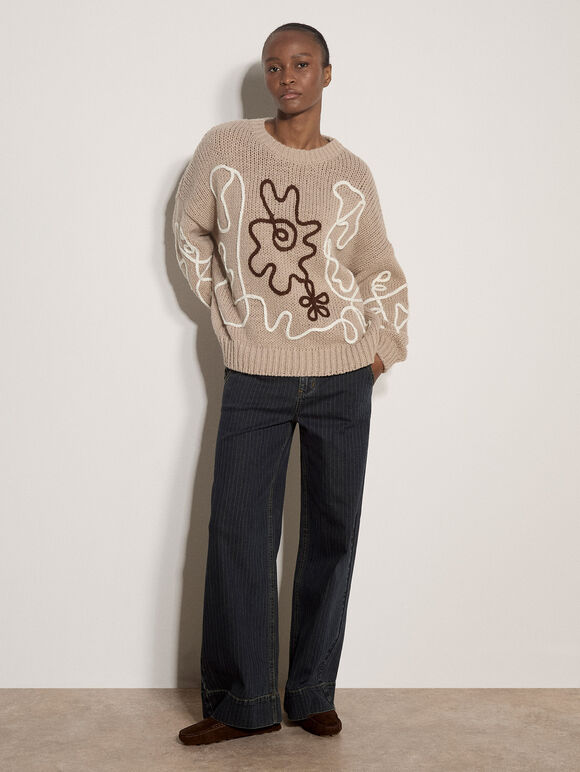 Oversized Cornelli Embroidered Jumper, Stone, large