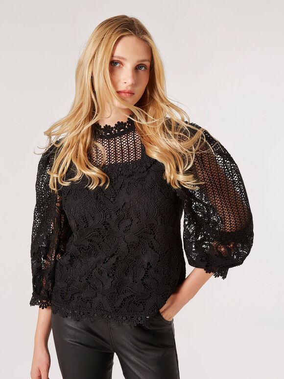 Puff Sleeve Floral Lace Top, Black, large