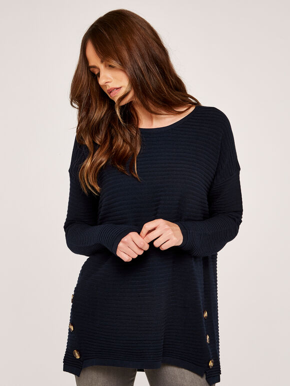 Asymmetric Zip Side Rib Knit Jumper, Navy, large