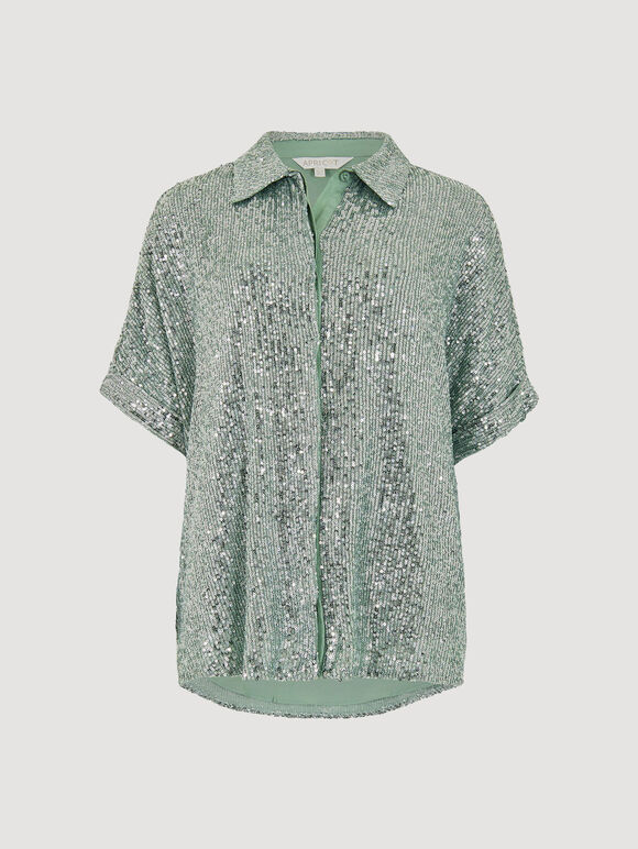 Sequin Embellished Relaxed Shirt, Mint, large