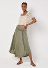 Linen Blend Hanky Hem Midi Skirt, Khaki, large