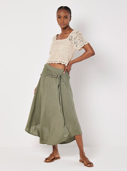 Linen Blend Hanky Hem Midi Skirt