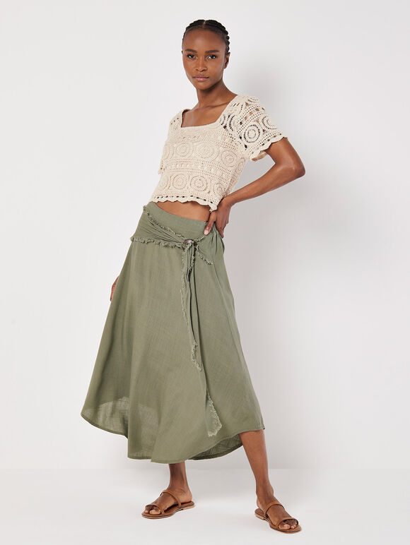 Linen Blend Hanky Hem Midi Skirt, Khaki, large