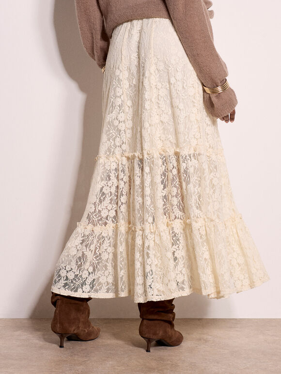 Cotton-Blend Lace Tiered Midi Skirt, Cream, large