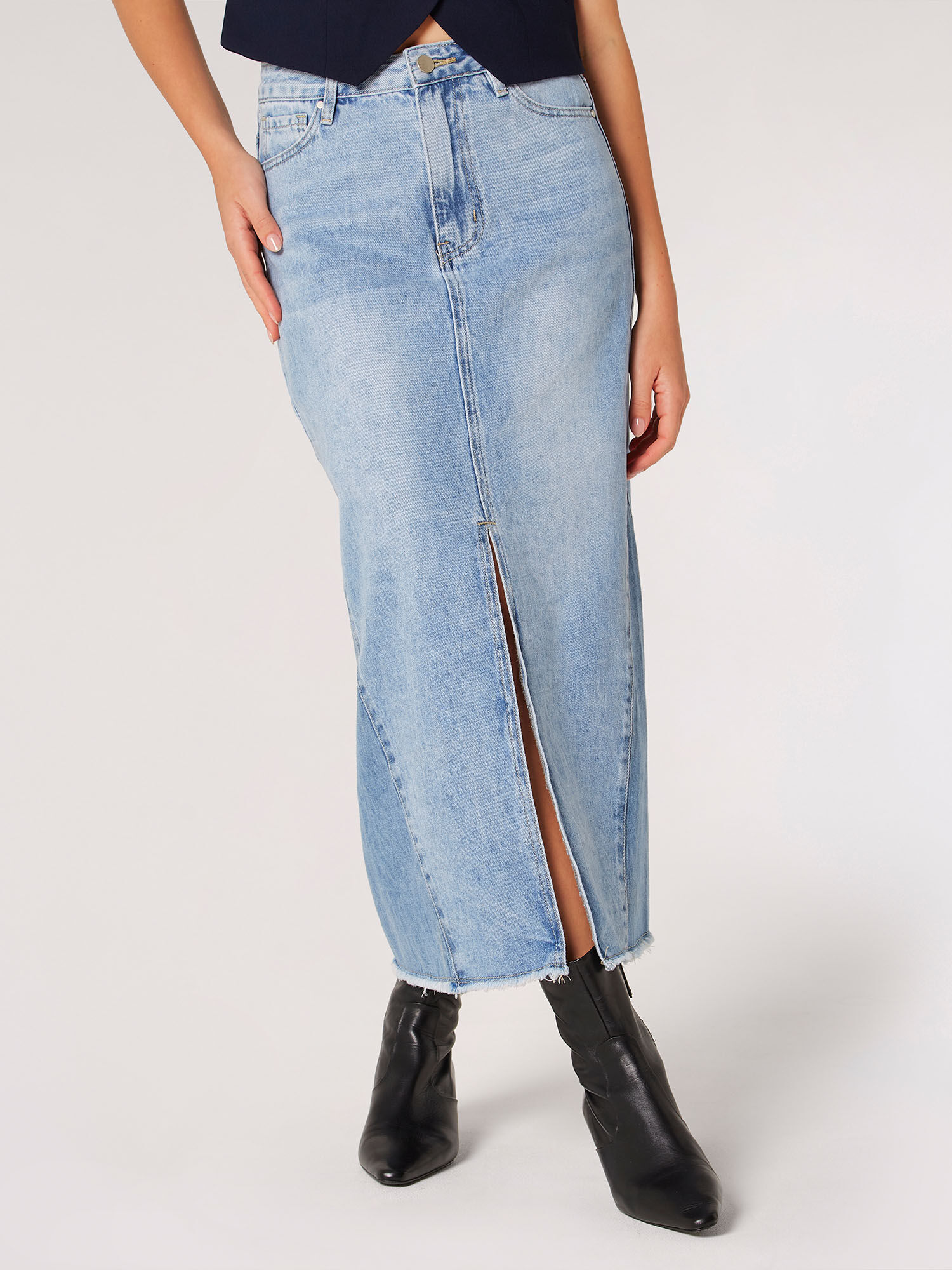 Denim Split Hem Midi Skirt Apricot Clothing