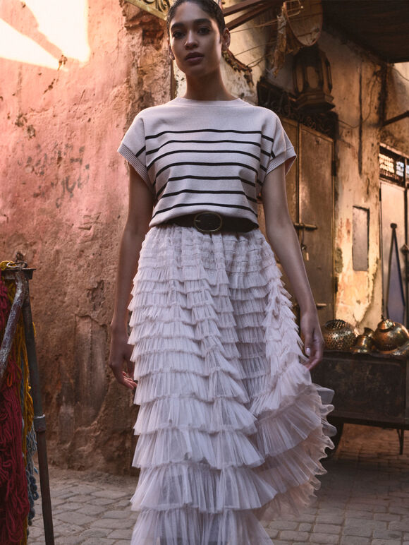 Tulle Ruffle Tiered Midi Skirt, Stone, large