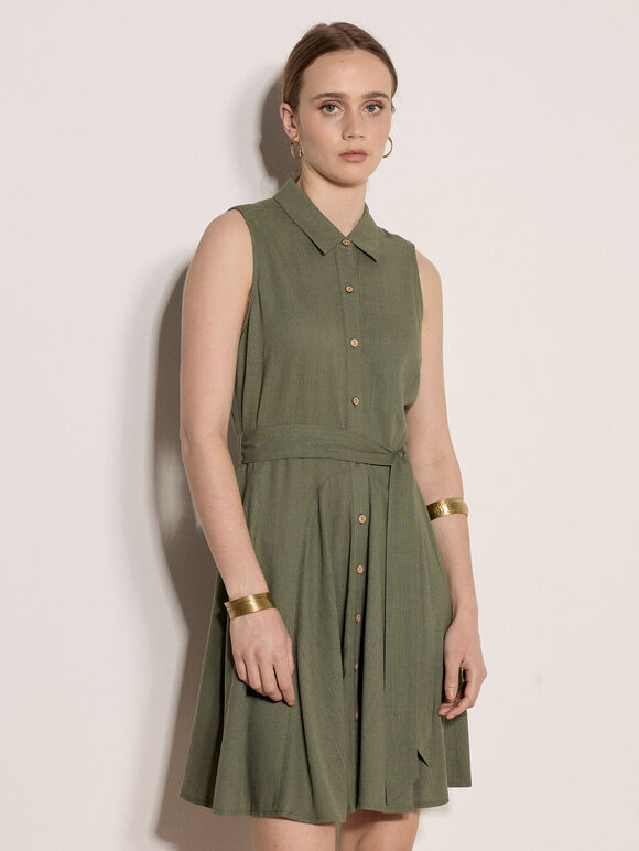 Linen Blend Shirt Mini Dress, Khaki, large