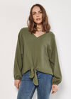 Cotton Oversized Tie Hem Top, Khaki, large