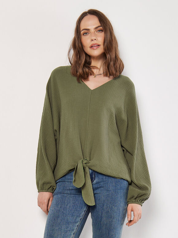 Cotton Oversized Tie Hem Top, Khaki, large